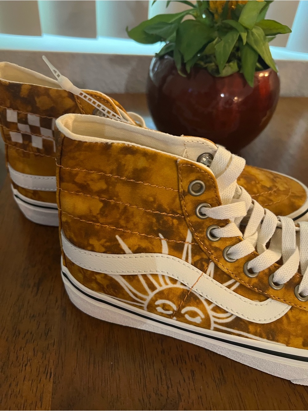Vans High Top Sneakers in Mustard Yellow with White Stripe and Sun Graphic